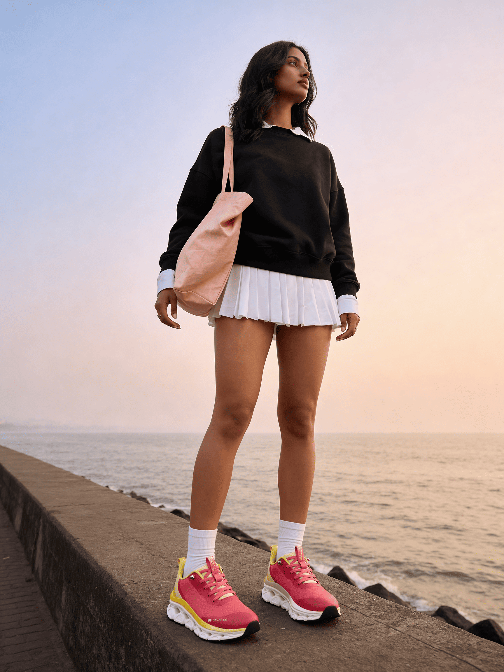 Woman standing by the ocean wearing a black sweater, white skirt, bacca bucci sneakers, and a beige backpack.