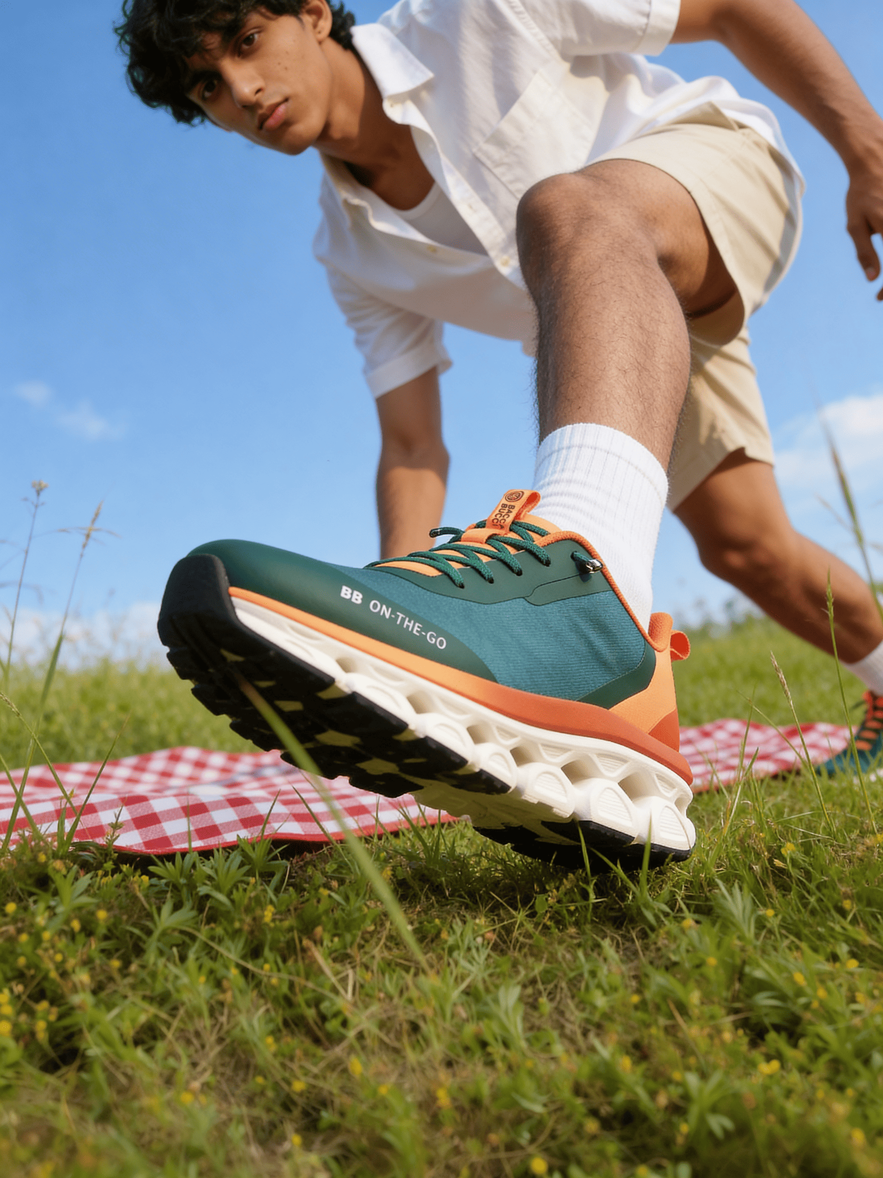 Person wearing a bacca bucci  green and orange athletic shoe on grass with a blue sky background.
