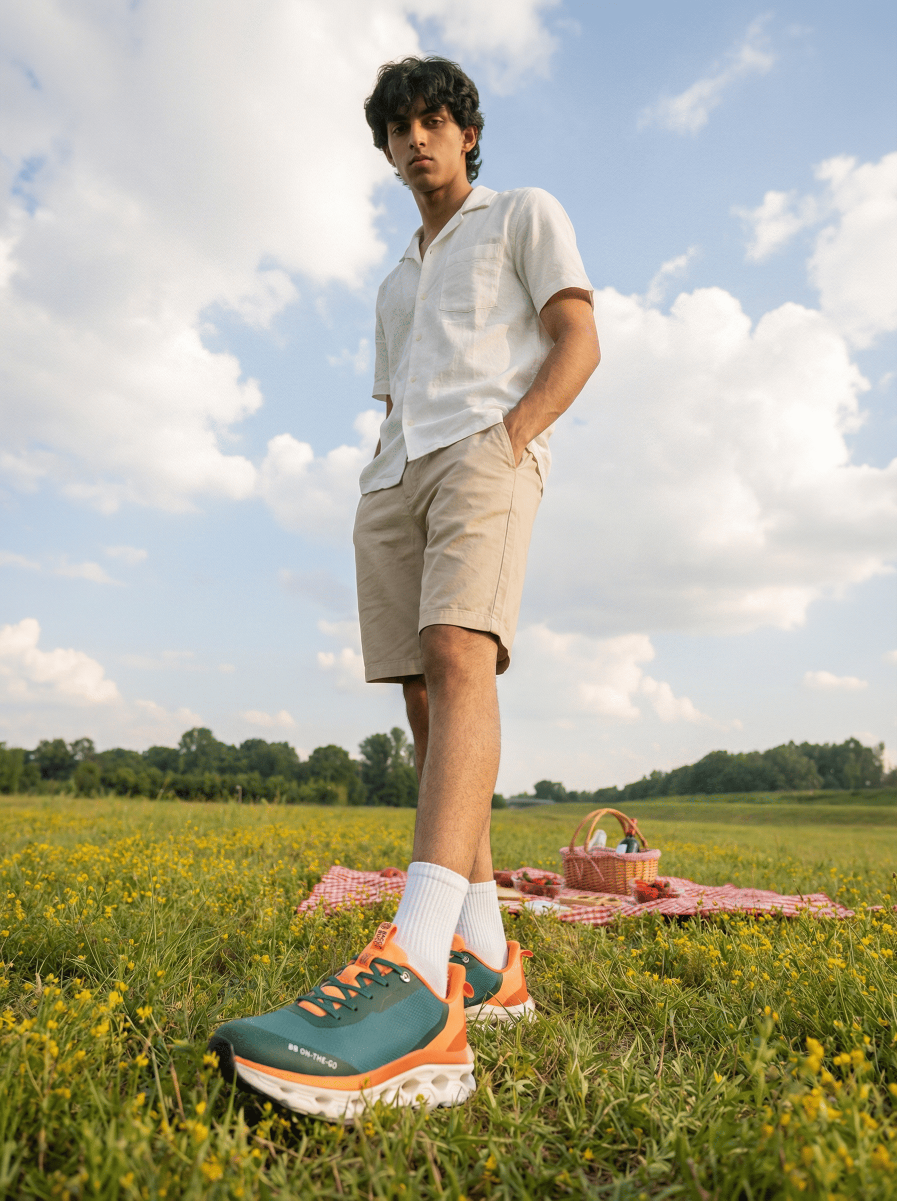 Person standing in a field with a picnic blanket and basket, wearing a white shirt, beige shorts, and bacca bucci green and orange shoes.