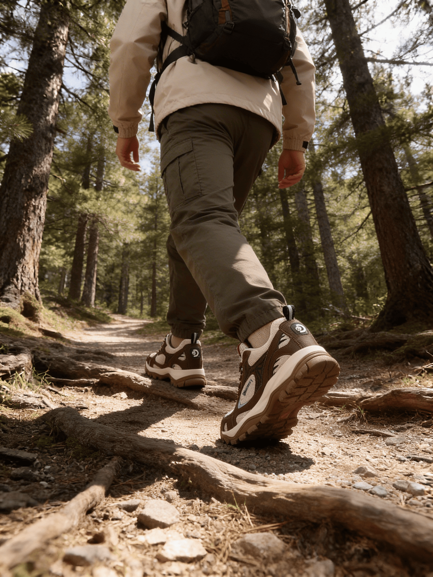 Person hiking on a trail in a forest wearing hiking boots and a backpack.
