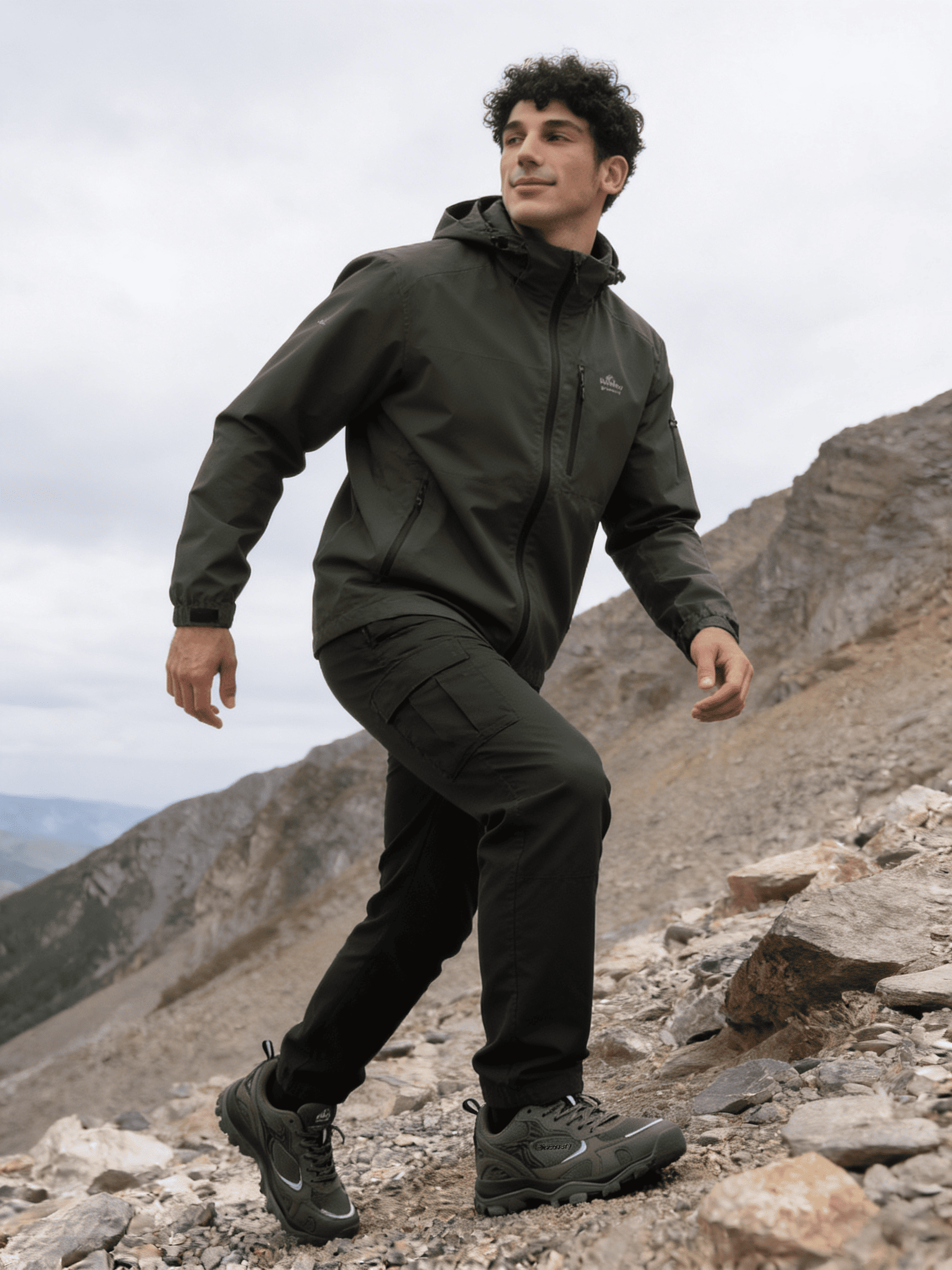 Man in green hiking jacket and pants standing on a rocky mountain peak