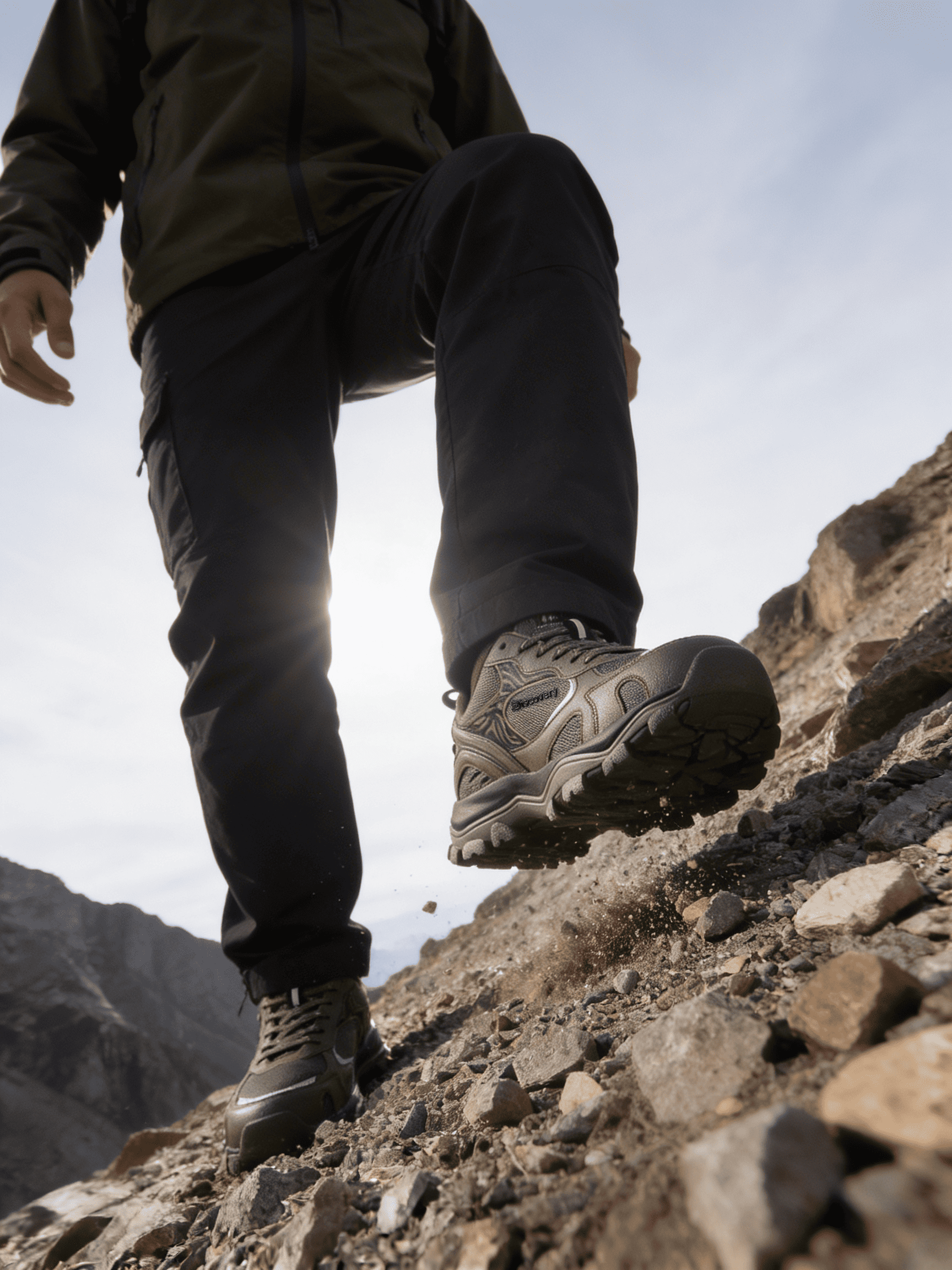 Person wearing hiking boots on a rocky mountain trail