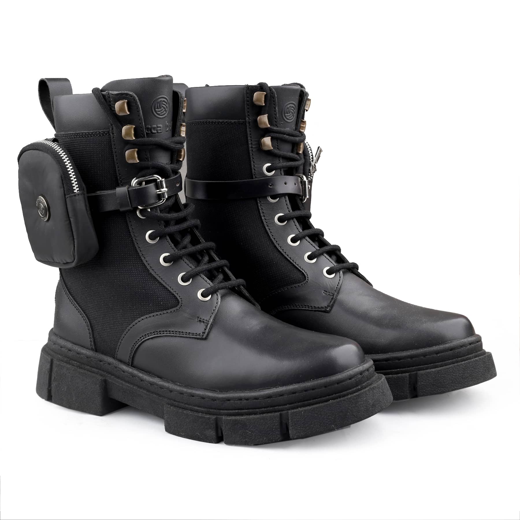 Bacca Bucci ASSASSIN brushed leather combat boots for Men with detachable coin pocket with adjustable strap and a chunky rubber lug sole | Genuine Leather Boots