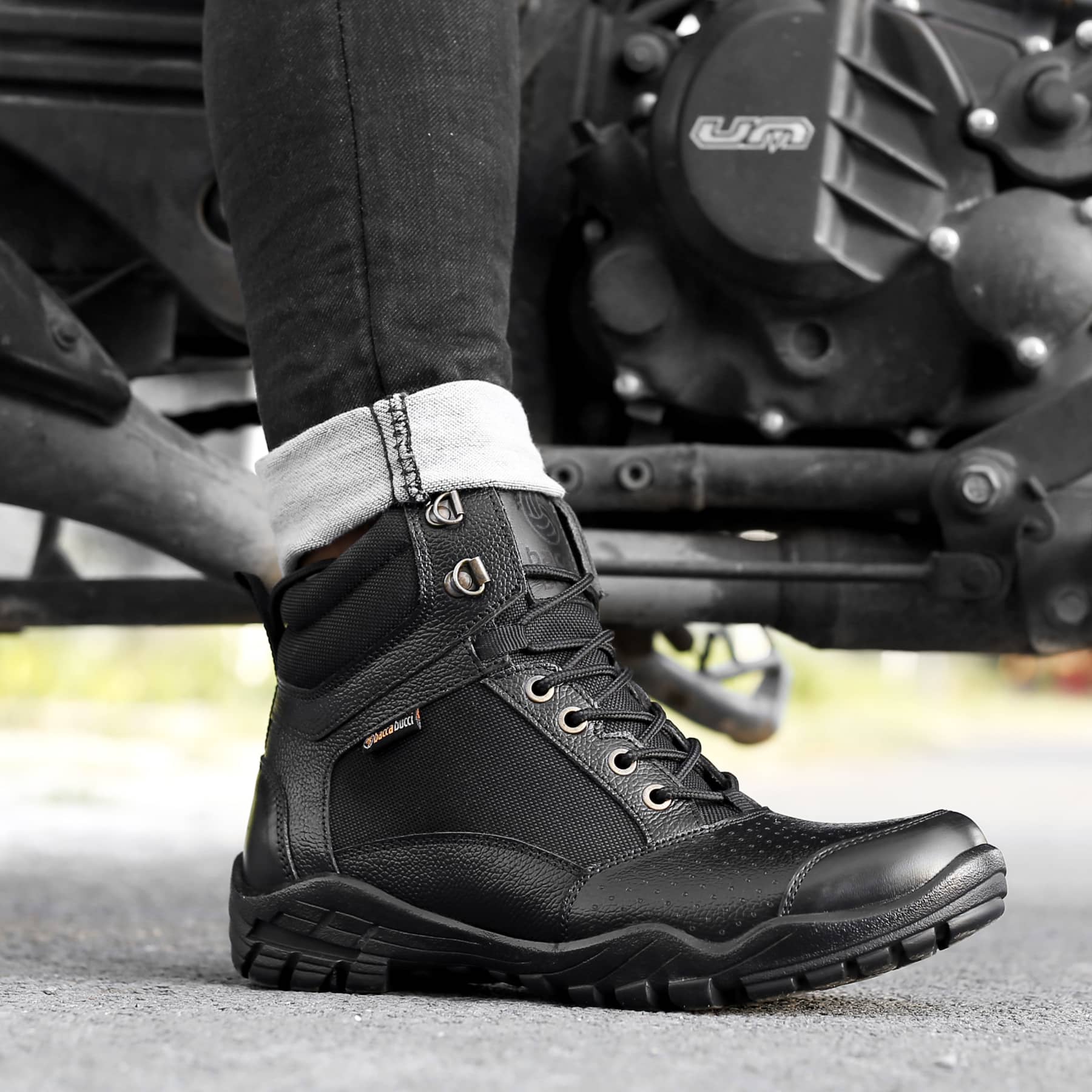 Bacca Bucci Men's LHOTSE Splash-Proof Full-Grain Leather Biker Boots for Trekking, Backpacking & Hiking