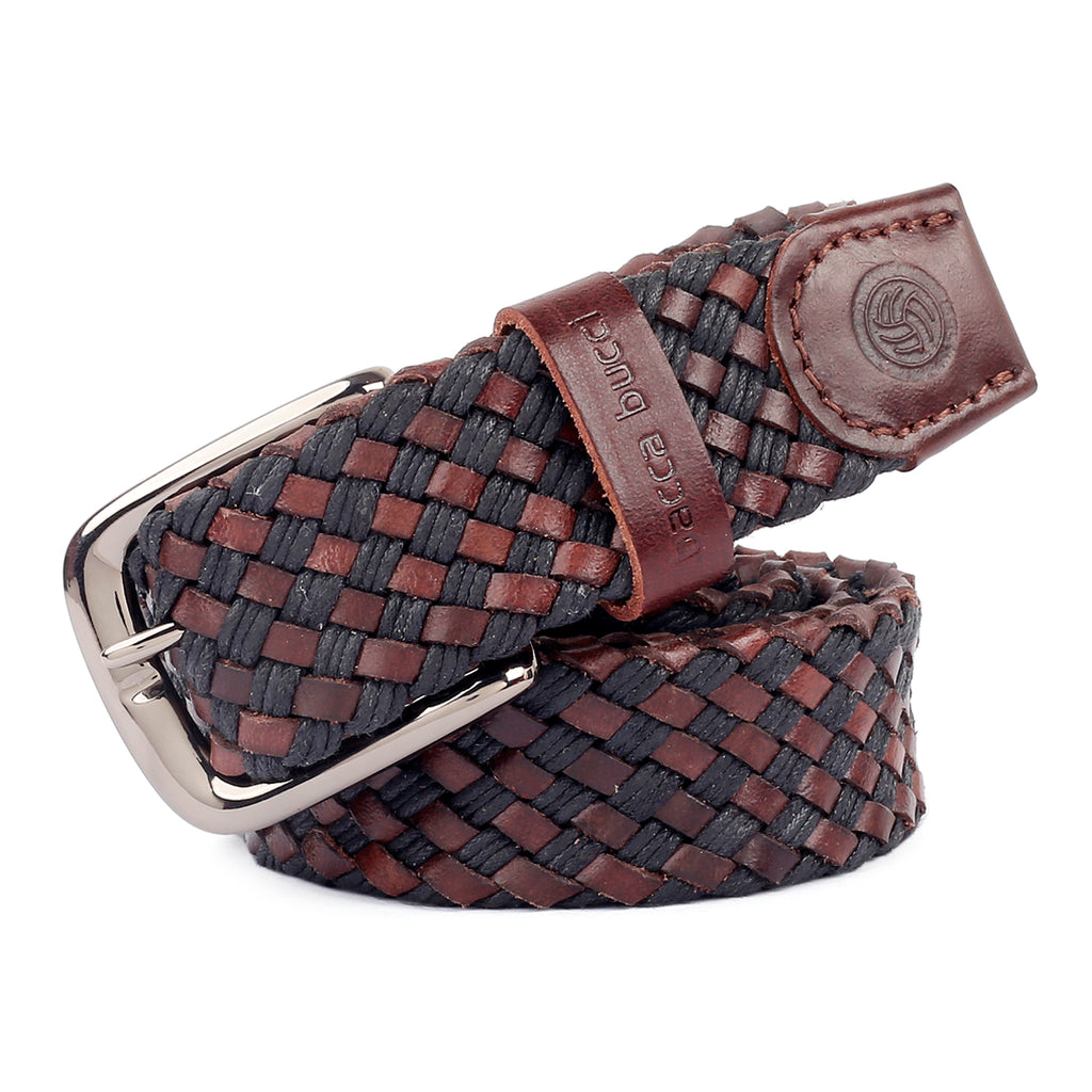 Bacca Bucci Italian Woven leather and Cotton Elastic braided belt for men  with Alloy buckle