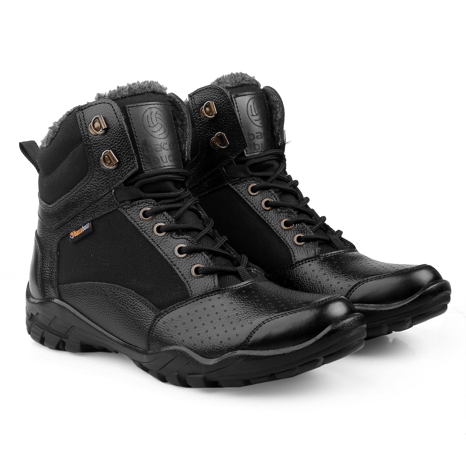 Bacca Bucci Men's LHOTSE Splash-Proof Full-Grain Leather Biker Boots for Trekking, Backpacking & Hiking with Fur