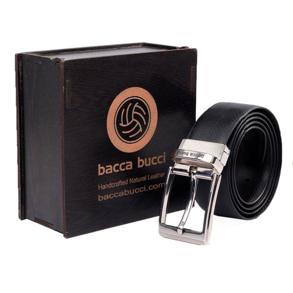 Bacca Bucci® Men's Automatic Reversible Classic Dress belt Italian Top Grain Genuine Leather with Auto rotating Buckle- Black & Brown